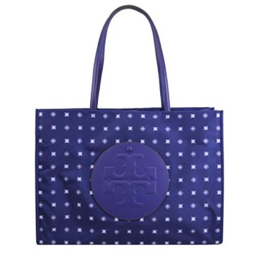 TORY BURCH 175644 滿版花紋尼龍皮革邊大購物/托特包.藍紫色