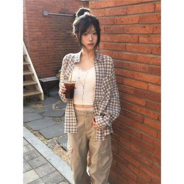 Unique SEI 博主款韓系復古松弛感格紋薄款寬松長袖襯衫外套上衣