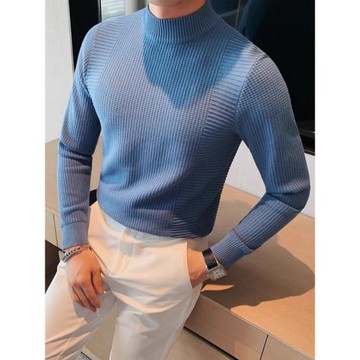 秋冬半高領毛衣男高級感加厚保暖打底衫時尚帥氣華夫格中領針織衫