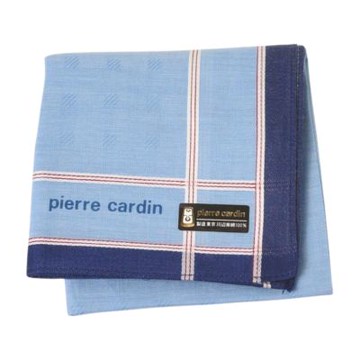 pierre cardin 日本製100%棉藍調經典條格圖騰字母LOGO手帕(淺牛仔藍系/42CM)