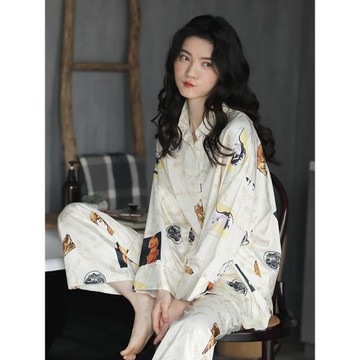 純禧睡衣女春秋季冰絲家居服女士夏天薄款休閑大碼可外穿兩件套裝