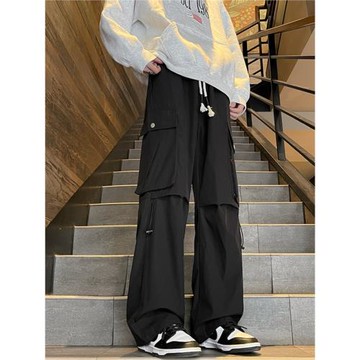 高街松緊腰工裝沖鋒褲男士闊腿寬松直筒休閑喇叭拖地長褲戶外機能