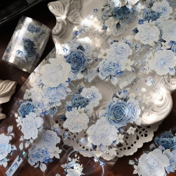 壹洱文創第 16 期切模【月野玫藍】輕復古和紙膠帶藍色花卉 PET 貼紙