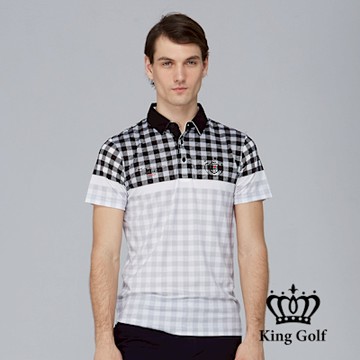 【KING GOLF】網路獨賣款-男款撞色格紋造型POLO衫/高爾夫球衫-黑