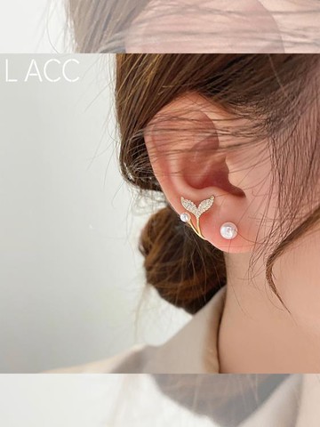 樂天精選~魚尾珍珠銀針耳環2024年新款潮耳墜氣質耳飾耳釘女純銀 雙11全館免運