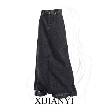 黑色直筒牛仔半身裙女春秋大碼胖mm高腰中長款包臀裙復古遮胯裙子