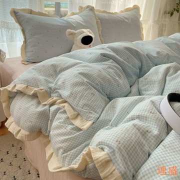 ??小清新奶油格水洗棉床品四件套皺皺紗花邊床單被套宿舍床笠三件套