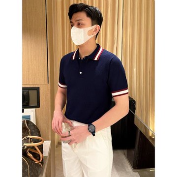 法式商務男裝翻領修身t恤男士短袖 夏季時尚高級鏤空針織polo衫男