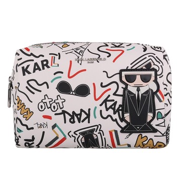 KARL LAGERFELD 塗鴉卡爾尼龍手拿化妝包(白)大