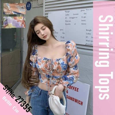 水彩柄 シャーリングトップス オフショル トップス ブラウス スクウェアネック 韓国ファッション スクエア 総柄 花柄 リゾート 通販 Lineポイント最大get Lineショッピング