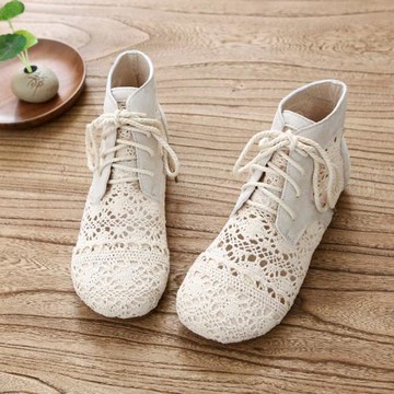 網面洞洞鞋夏季鏤空透氣高幫系帶涼靴女森系復古文藝軟底手工涼鞋