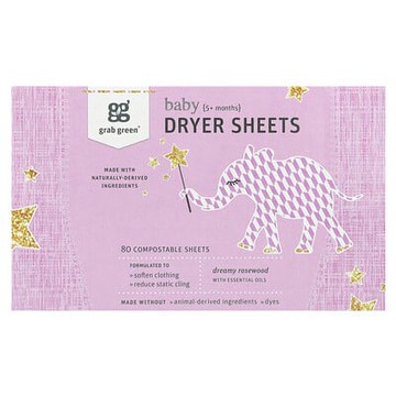 Grab Green, 乾衣機布，嬰兒，5 個月以上，含精油夢幻玫瑰木，80 張可降解布