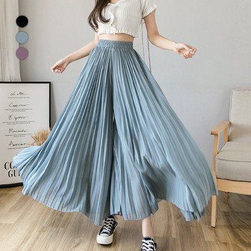 GOFO 長褲 韓系穿搭 高腰顯瘦 冰絲 下擺垂感 百褶雪紡 寬褲 闊腿褲 雪紡褲 女生寬褲 女裝 夏天 夏季服飾 秋天