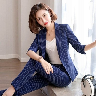 ストライプ パンツスーツ レディース フォーマル 通勤 Ol オフィススーツ 2点セット ビジネス 7分袖 テーラードジャケット スカートスーツ 通販 Lineポイント最大get Lineショッピング