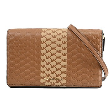 MICHAEL KORS JET SET 經典MK壓紋印花翻蓋斜背小包.咖