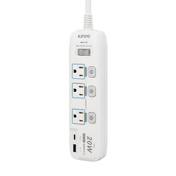 Kinyo 4開3插PD + QC高溫斷電延長線  2.7m  白色  1條