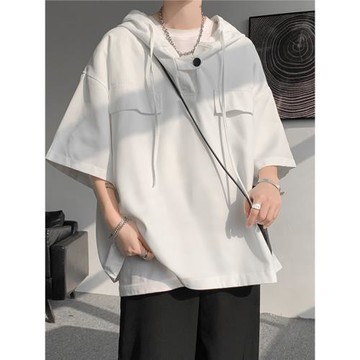 冰絲連帽衛衣男短袖夏季薄款防曬衣學生t恤潮牌痞帥工裝七分半袖