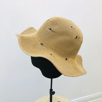 日本棉麻波浪邊簡約休閑破洞盆帽女夏天沙灘防曬學院風出游帽子潮1入