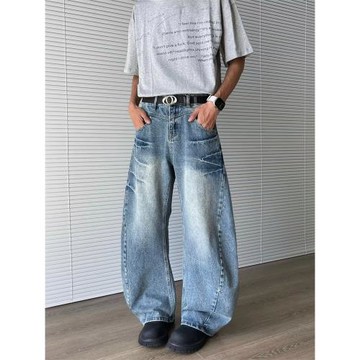 美式復古彎刀牛仔褲男潮牌爆裂紋水洗寬松顯瘦闊腿高街直筒長褲子