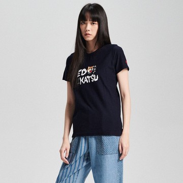 江戶勝 日系 女裝 笑臉勝太郎短袖T恤(丈青色) #上衣