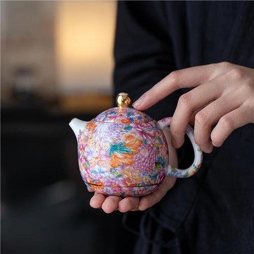 琺瑯彩小茶壺單壺功夫茶具萬花壺辦公家用陶瓷泡茶水壺防燙手把壺