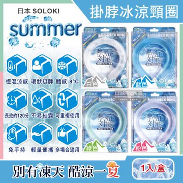 日本SOLOKI-可重複使用免手持體感降溫約8度保冷掛脖冰涼頸圈1入/盒(大人小孩通用,散熱冰敷無結露涼感環,室內戶外通勤涼感)