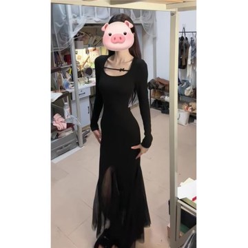 黑色魚尾連衣裙女春季修身顯瘦包臀裙法式小眾設計感絕美網紗長裙