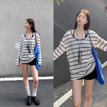 Y2 style▪️防曬條紋織棉罩衫+胸墊背心 兩件套u▪️Y2style歐美設計款寬鬆韓版個性大尺碼【D71394】