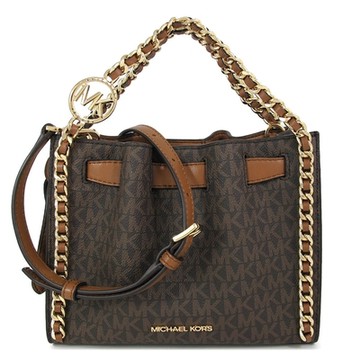 MICHAEL KORS Mina 金字滿版Logo編織金鏈手提斜背兩用包(咖啡色)