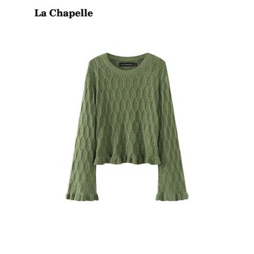 拉夏貝爾/La Chapelle秋新款綠色鏤空長袖針織衫毛衣女喇叭袖上衣