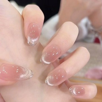 💗台灣出貨💗【素顏】純手工限定高階感指尖銀邊漸變極光貓眼顯白美甲穿戴甲店長優選