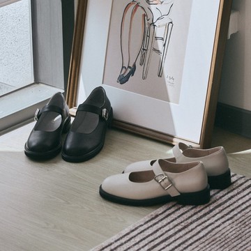 全真皮寬帶圓頭厚底瑪莉珍鞋