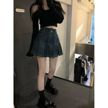 小個子高腰顯瘦牛仔半身裙夏季百搭韓版a字百褶裙大碼胖mm短裙子