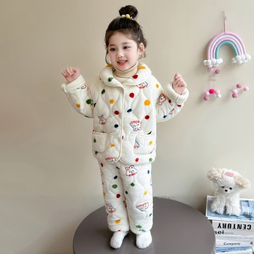 【中小女童】卡通彩色波點加絨家居服套裝