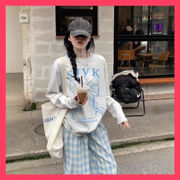 🌈ATC✨秋裝上衣女 | 2026新款學院風長袖 | 秋季T恤女 | 寬鬆大碼純棉上衣 | 蝴蝶結字母印花長袖女裝
