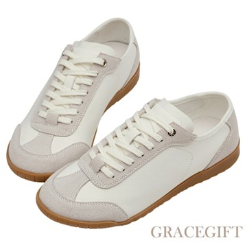 【Grace Gift】質感日常全真皮拼接德訓鞋 白