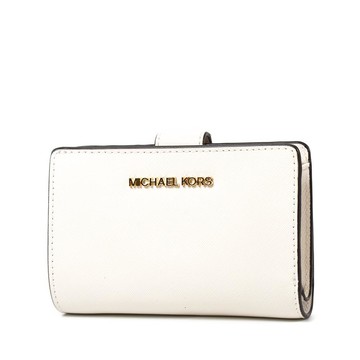 MICHAEL KORS 金字LOGO素面防刮皮革釦式中夾-純淨白