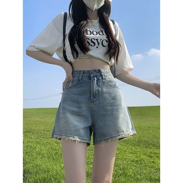 【PING'S🌞】夏季 薄款毛邊闊腿牛仔短褲 女 高腰顯瘦設計感短褲 小衆a字熱褲 牛仔短褲 女裝 涼感短褲
