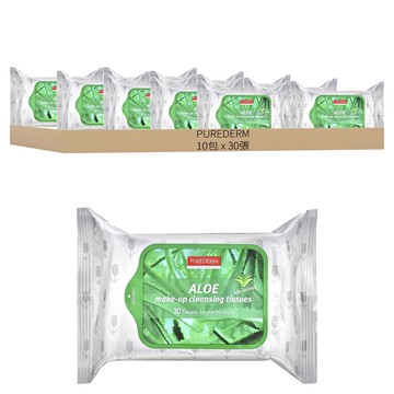 Purederm 蘆薈卸妝巾 溫和植物性成分 無需水洗 含保濕成分  30張  10包