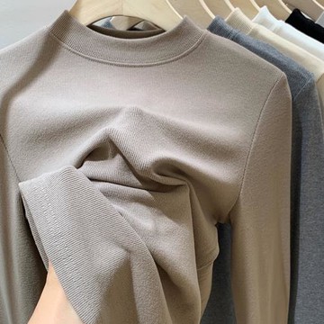 歐貨半高領打底衫女秋冬螺紋彈力軟糯親膚磨長袖T恤磨毛內搭上衣