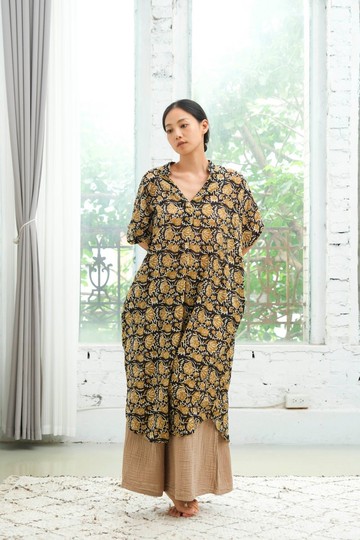 印度蓋染鑰匙領洋裝 / 巴里紗 芥黃花