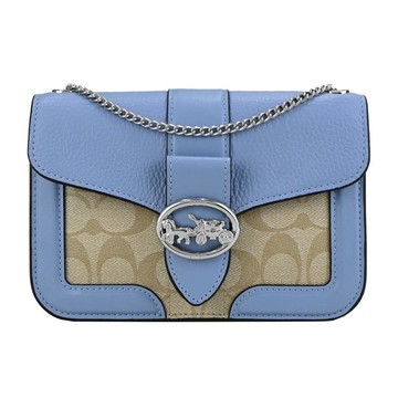 COACH 圓框馬車LOGO拼接皮革鍊帶斜背包（卡其x大理石藍） _廠商直送