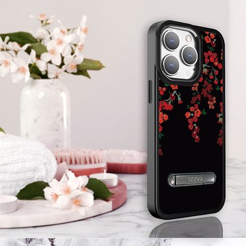 iPhone 15 14系列 軍規防摔鋁合金鏡頭框立架手機殼-花語-千日紅