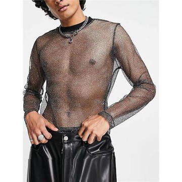 Men's T-shirt 網眼長袖透視t恤男性感夜店服透氣網紗男士演出服