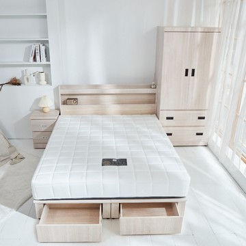 台灣製【藤原傢俬】白色戀人5件式房間組(床頭+新6抽木芯板床底+3x6衣櫥+2抽櫃+床墊)