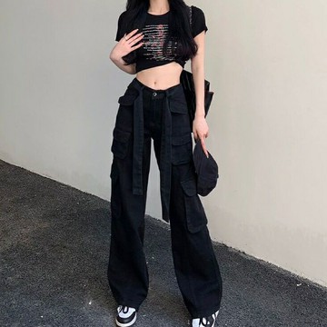 FUXI 美式復古工裝褲女 牛仔褲 高腰顯瘦長褲 闊腿褲 寬褲 拖地褲 休閒褲 女生褲子