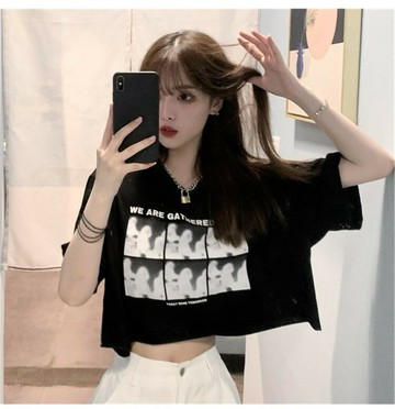 韓版修身小眾寬鬆高腰穿搭短版上衣【T360】