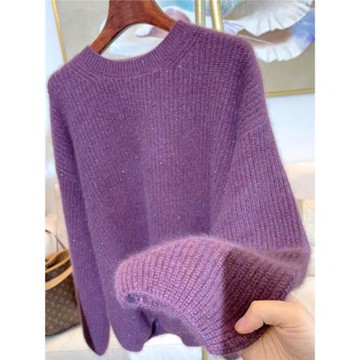 歐貨慵懶風高端浣熊絨紫色重工針織毛衣女秋冬洋氣設計感2025春秋