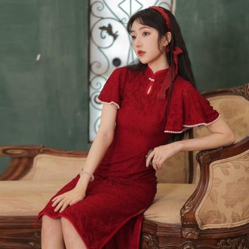 2023新款紅色結婚回門蕾絲旗袍