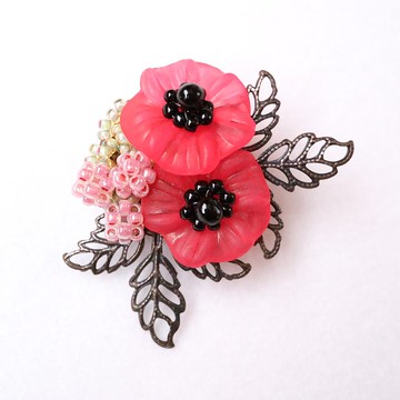 紅色銀蓮花手作小胸針 : 日系優雅風之花設計